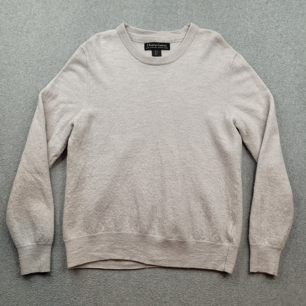 Christian Lacroix Sweater‎ Mens Large Beige Extra Fine Merino Wool Crewneck